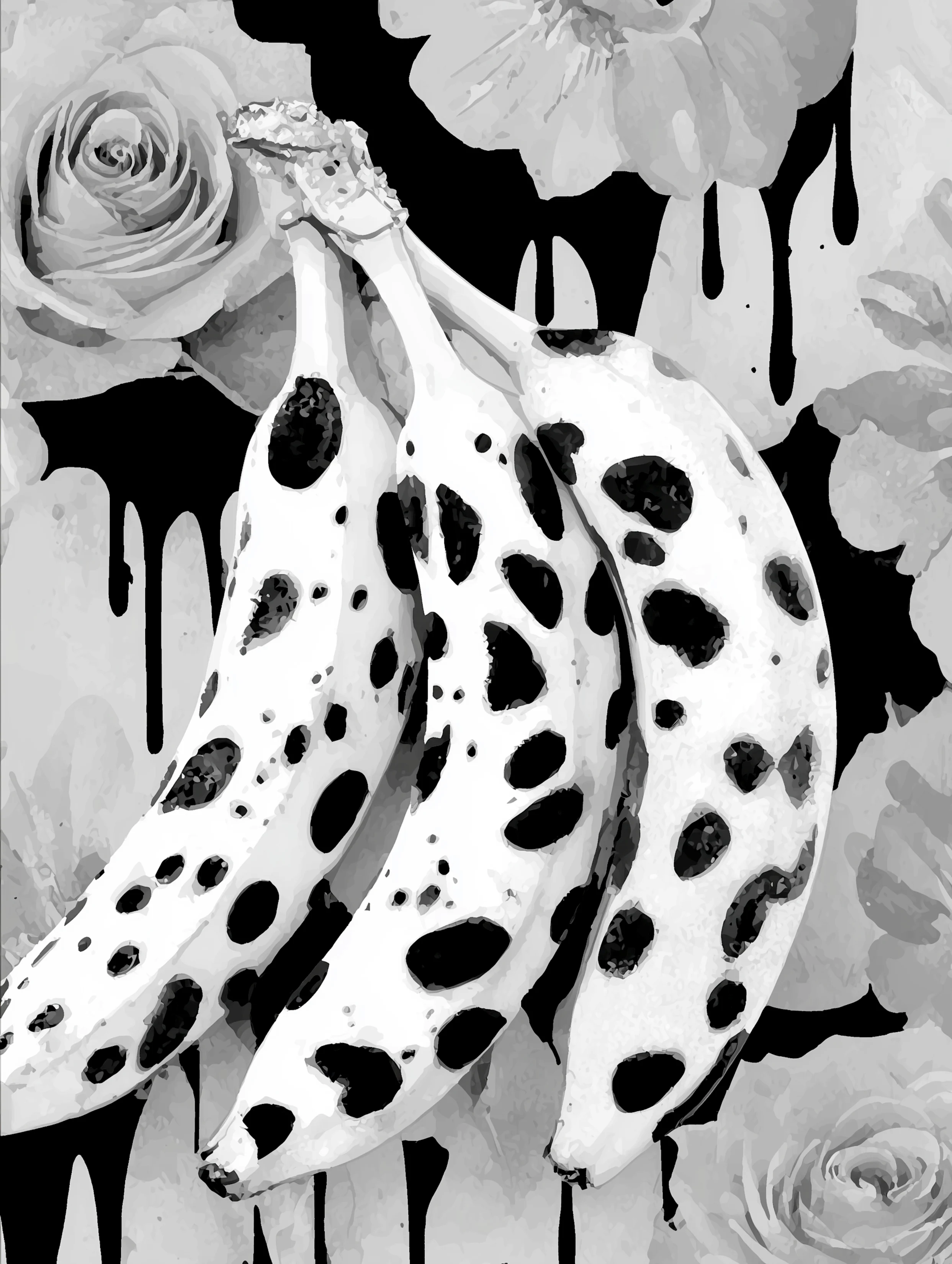 Free printable banana coloring page for adults featuring three bananas and dripping background